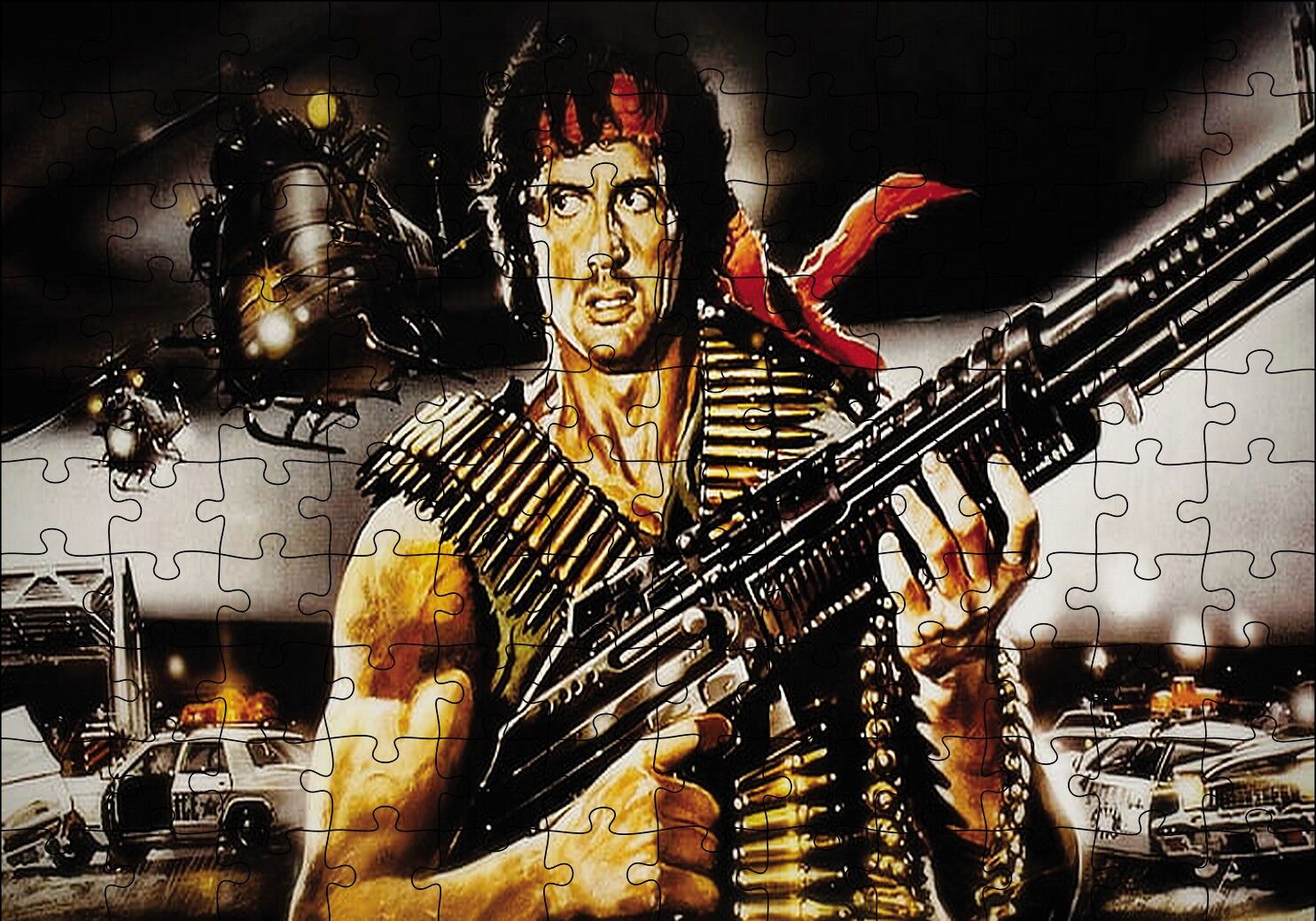 Rambo Makineli Tüfek ve Arkaplanda Helikopter ve Polisler Puzzle Yapboz MDF Ahşap 120 Parça 24 cm X 34 cm