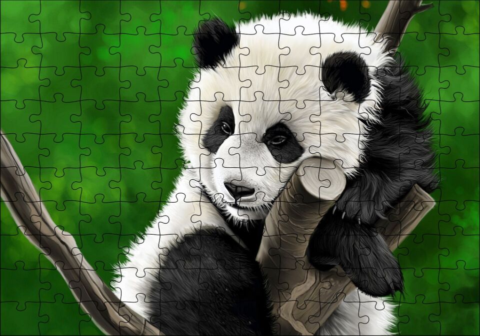 Dala Sarılmış Sevimli Panda Dijital Çizim Puzzle Yapboz MDF Ahşap 120 Parça 24 cm X 34 cm