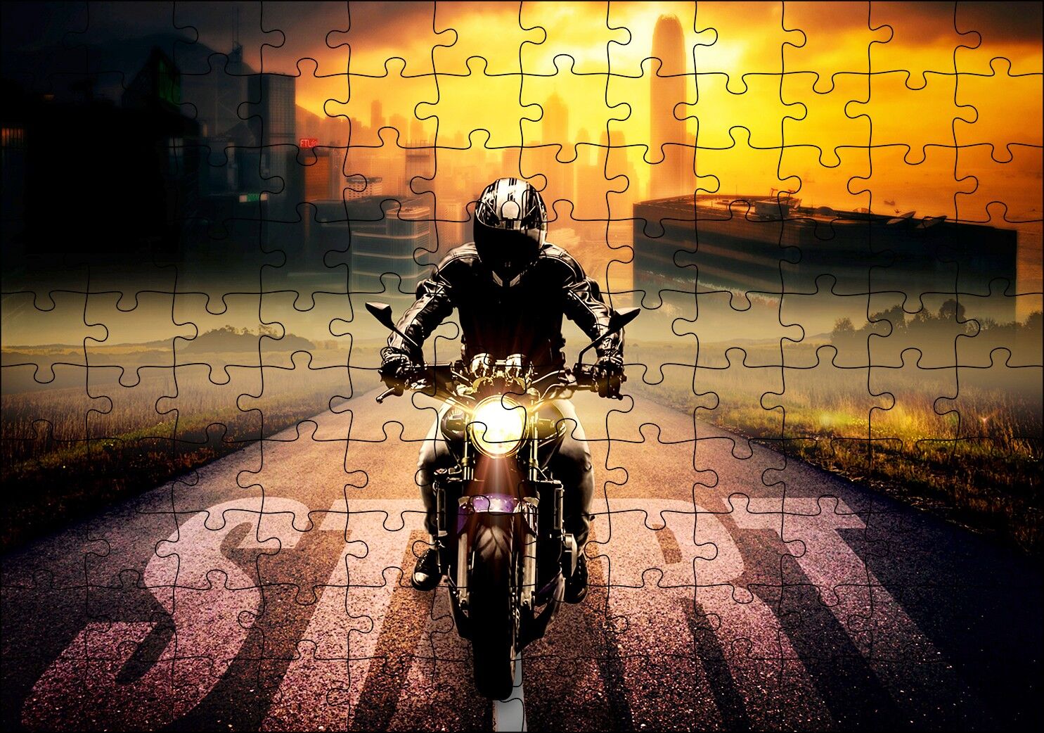 Motorsikletli Adam Günbatımı ve Gökdelenler Puzzle Yapboz MDF Ahşap