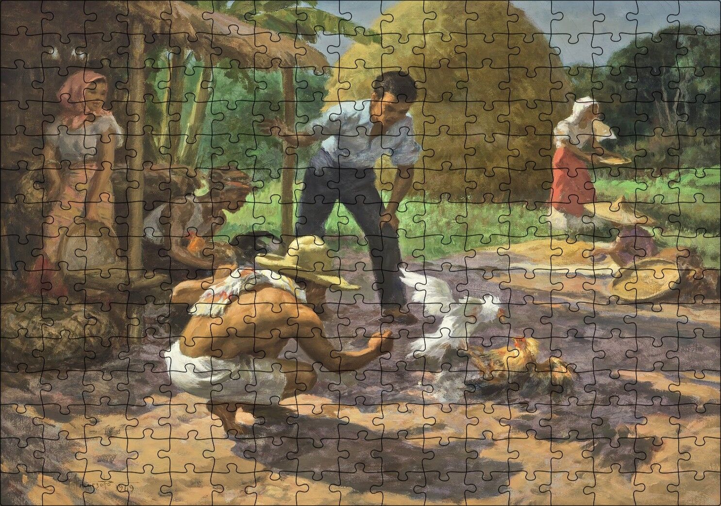 Horoz Dövüştüren Köylüler ve Saman Yığınları Puzzle Yapboz MDF Ahşap 255 Parça 34 cm X 49 cm