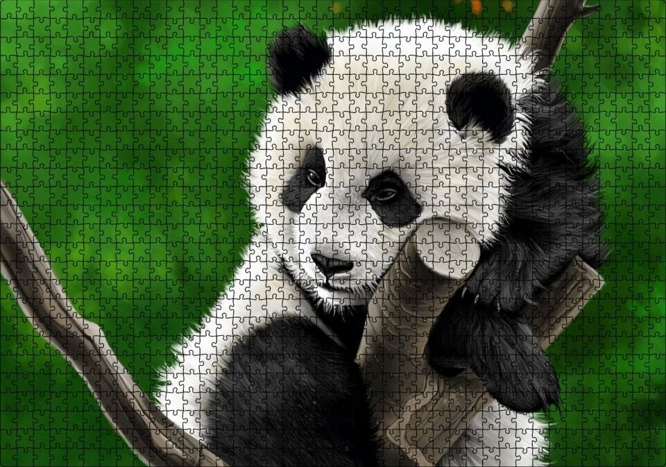 Dala Sarılmış Sevimli Panda Dijital Çizim Puzzle Yapboz MDF Ahşap 1000 Parça 49 cm X 68 cm