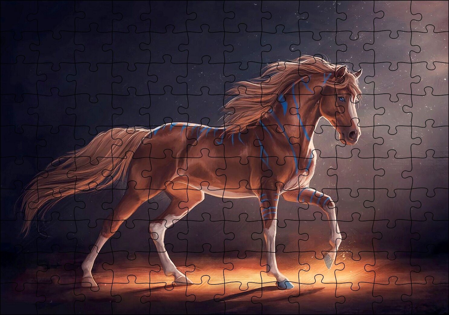 Muhteşem Kahverengi Aygır ve Mavi Desenleri Puzzle Yapboz MDF Ahşap