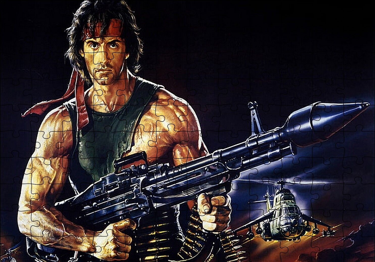 Rambo Sylvester Stallone Roketatar Karanlık Arka Plan Puzzle Yapboz MDF Ahşap 120 Parça 24 cm X 34 cm