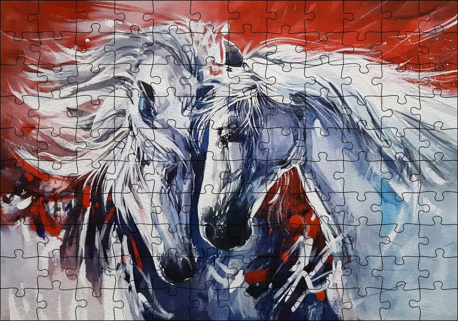 İki Beyaz Kısrak Kırmızı Arkaplan Puzzle Yapboz MDF Ahşap 120 Parça 24 cm X 34 cm
