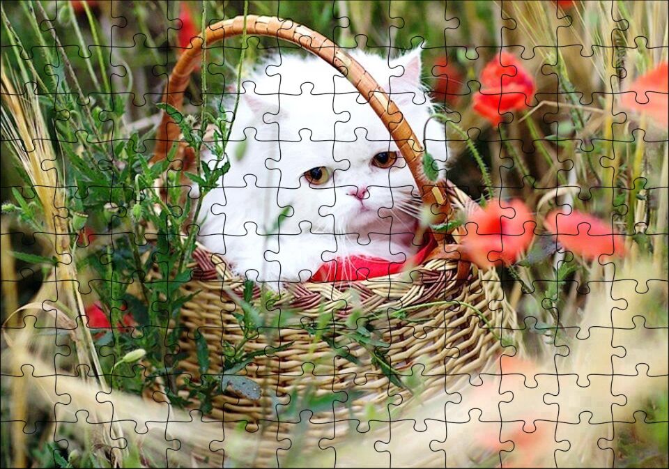 Beyaz Kedi Sepet İçinde Doğada Puzzle Yapboz MDF Ahşap