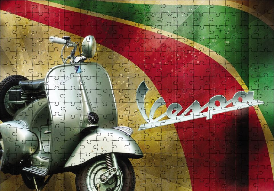 Gri Vespa Motorsiklet Vintage Puzzle Yapboz MDF Ahşap 255 Parça 34 cm X 49 cm