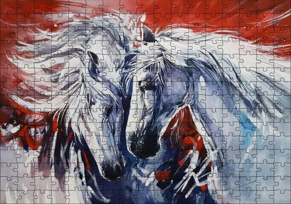 İki Beyaz Kısrak Kırmızı Arkaplan Puzzle Yapboz MDF Ahşap 255 Parça 34 cm X 49 cm