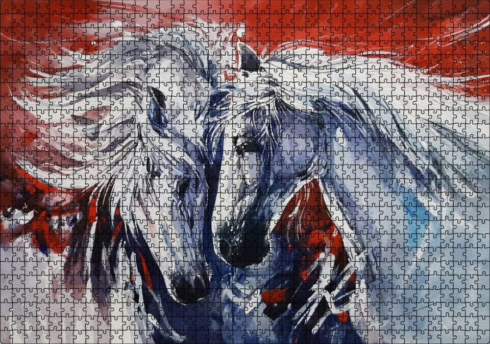 İki Beyaz Kısrak Kırmızı Arkaplan Puzzle Yapboz MDF Ahşap 1000 Parça 49 cm X 68 cm