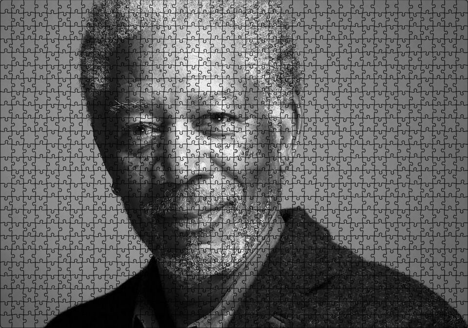 Morgan Freeman Siyah Beyaz Yakın Çekim Portre Puzzle Yapboz MDF Ahşap 1000 Parça 49 cm X 68 cm