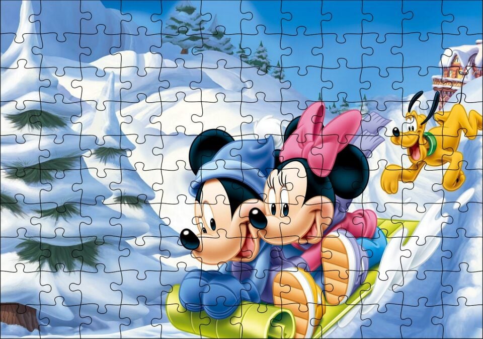 Disney Mickey Mouse Minnie Mouse Plüton Kar Puzzle Yapboz MDF Ahşap