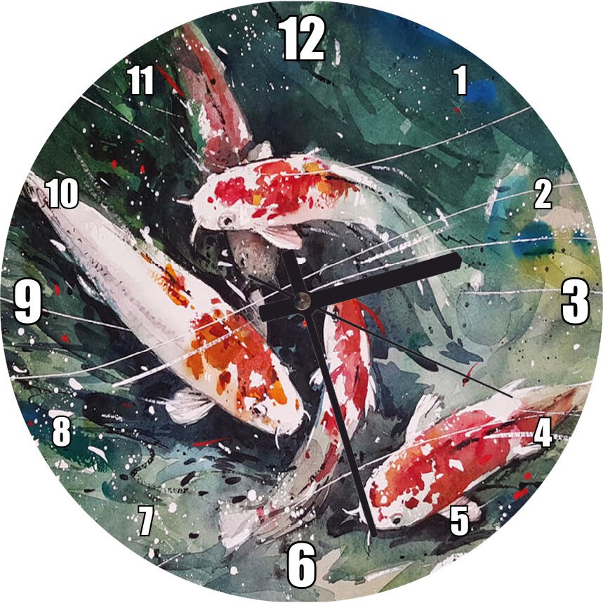 Koi Balıkları Üstten Görünüş  Mdf Ahşap Duvar Saati 50 cm Çap