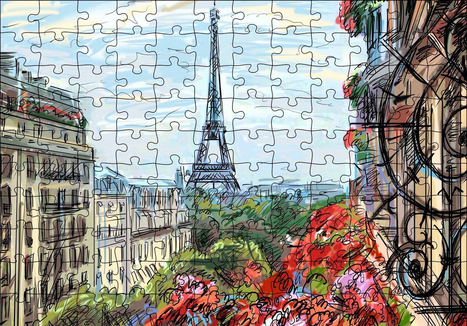 Balkondan Paris Eyfel Manzarası Artwork Puzzle Yapboz MDF Ahşap 120 Parça 24 cm X 34 cm