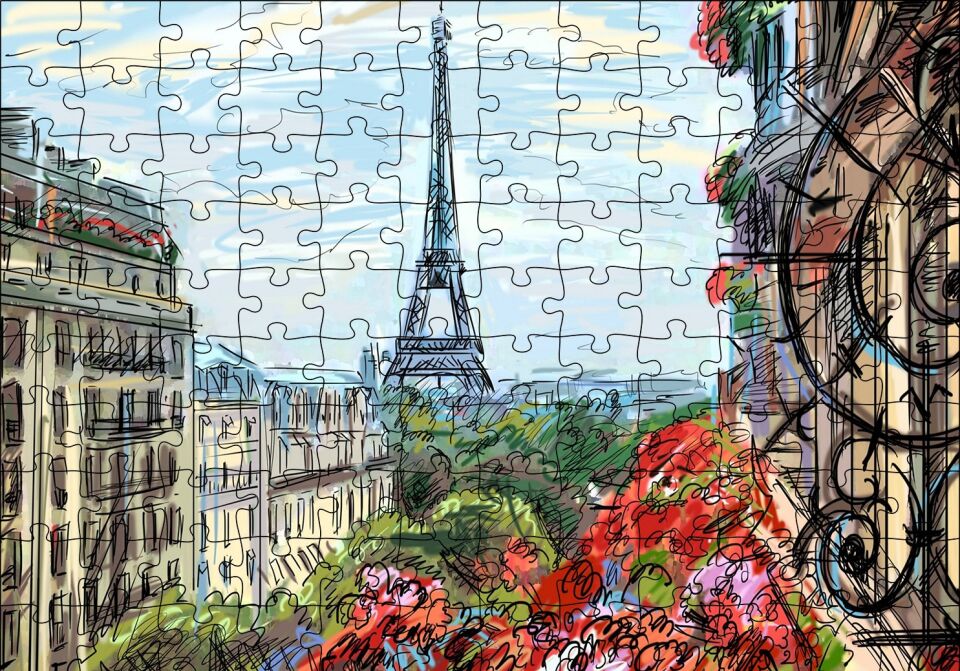 Balkondan Paris Eyfel Manzarası Artwork Puzzle Yapboz MDF Ahşap 120 Parça 24 cm X 34 cm