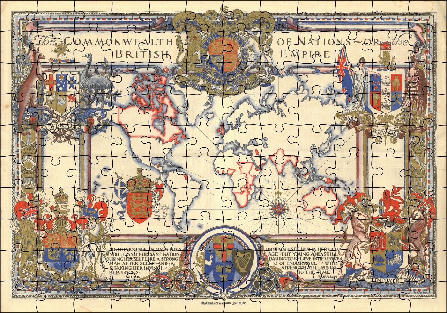 İngiliz Milletler Topluluğu ve Dünya Haritası 1937 Puzzle Yapboz MDF Ahşap 120 Parça 24 cm X 34 cm