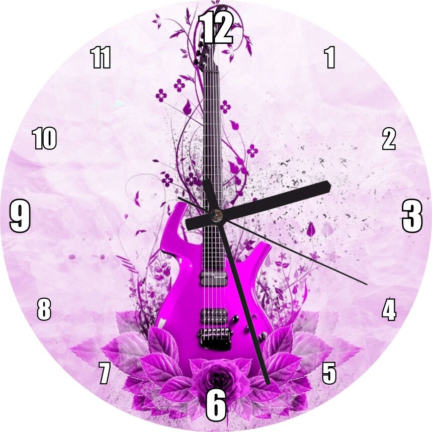 Mor Elektrogitar ve Çiçekler Mor Arkaplan  Mdf Ahşap Duvar Saati 30 cm Çap