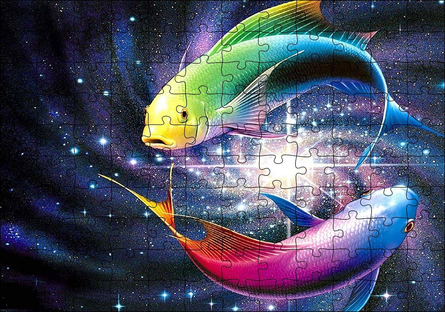 İki Balık Işık Demetleri Arasında Puzzle Yapboz MDF Ahşap