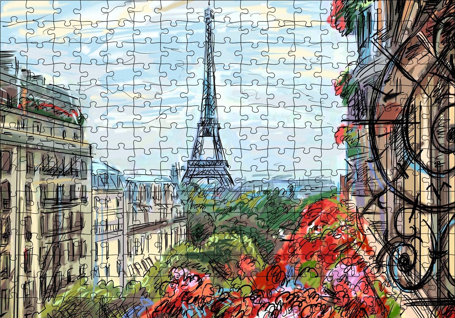Balkondan Paris Eyfel Manzarası Artwork Puzzle Yapboz MDF Ahşap 255 Parça 34 cm X 49 cm