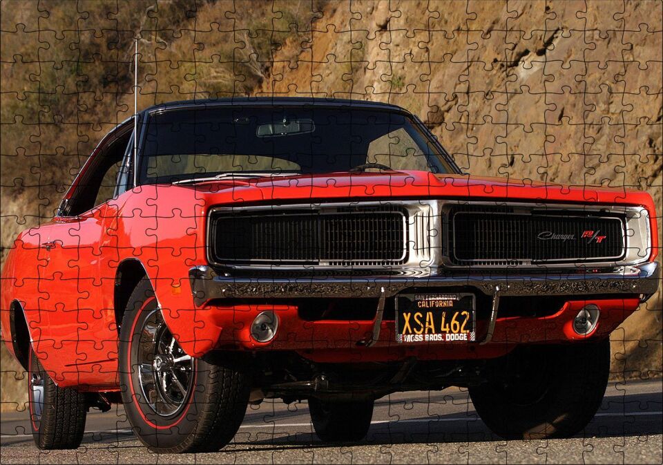 Kırmızı Dodge Charger RT Ön Görünüş Puzzle Yapboz MDF Ahşap 255 Parça 34 cm X 49 cm