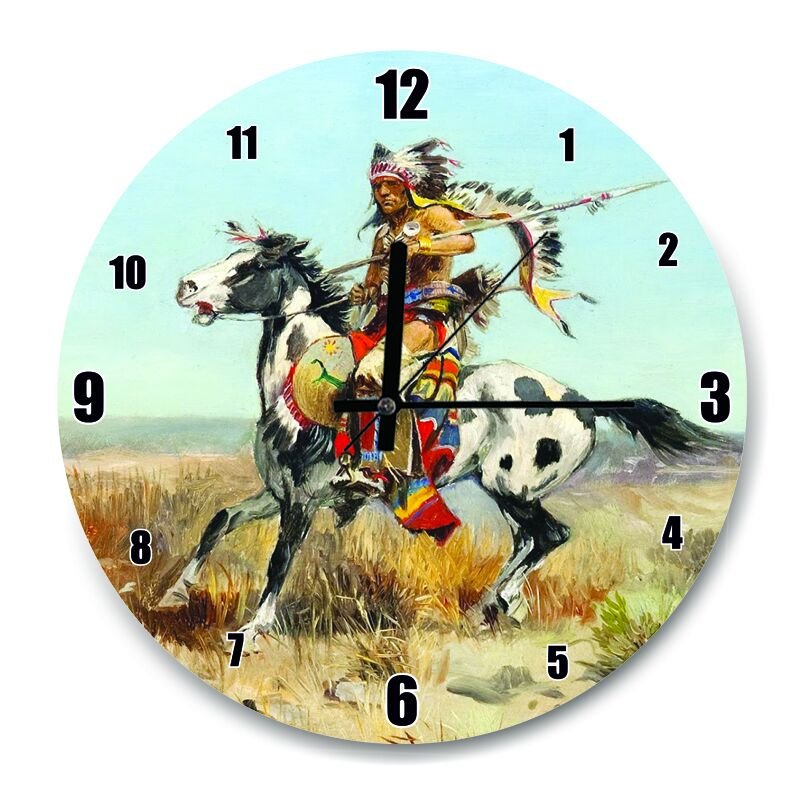 Savaşçı Kızılderili Yağlıboya  Mdf Ahşap Duvar Saati 30 cm Çap