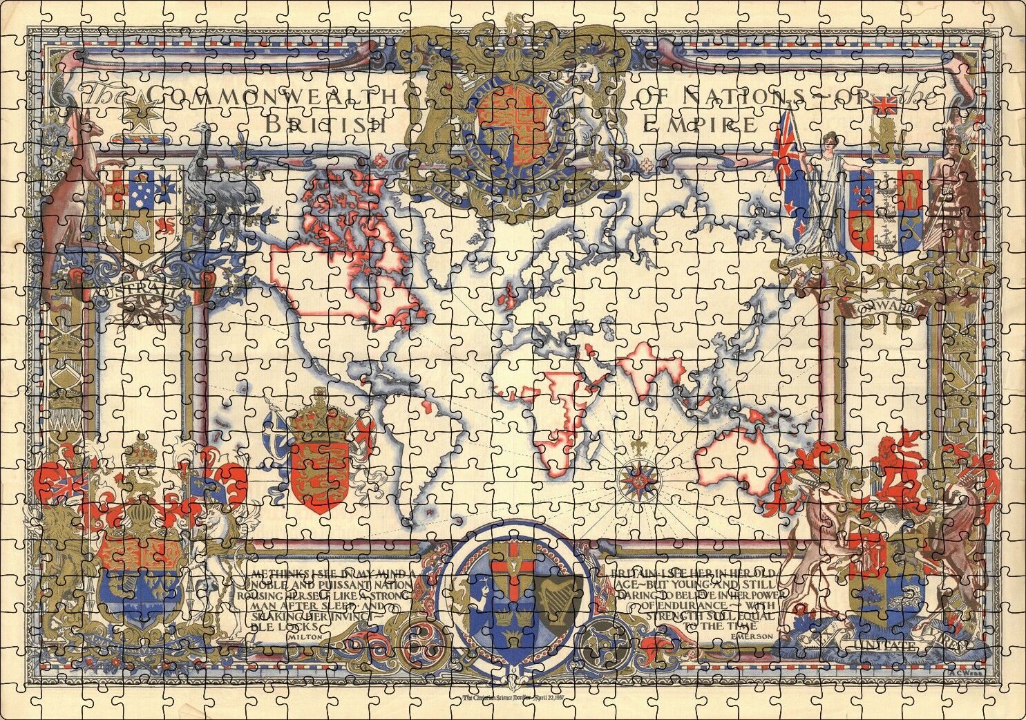 İngiliz Milletler Topluluğu ve Dünya Haritası 1937 Puzzle Yapboz MDF Ahşap 500 Parça 49 cm X 68 cm