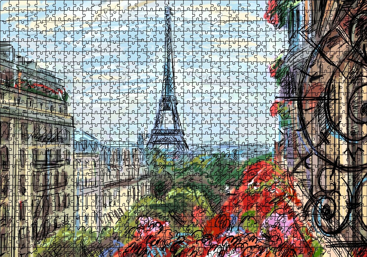 Balkondan Paris Eyfel Manzarası Artwork Puzzle Yapboz MDF Ahşap 1000 Parça 49 cm X 68 cm