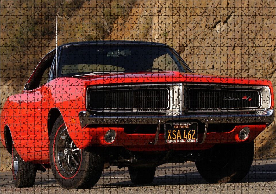 Kırmızı Dodge Charger RT Ön Görünüş Puzzle Yapboz MDF Ahşap 1000 Parça 49 cm X 68 cm