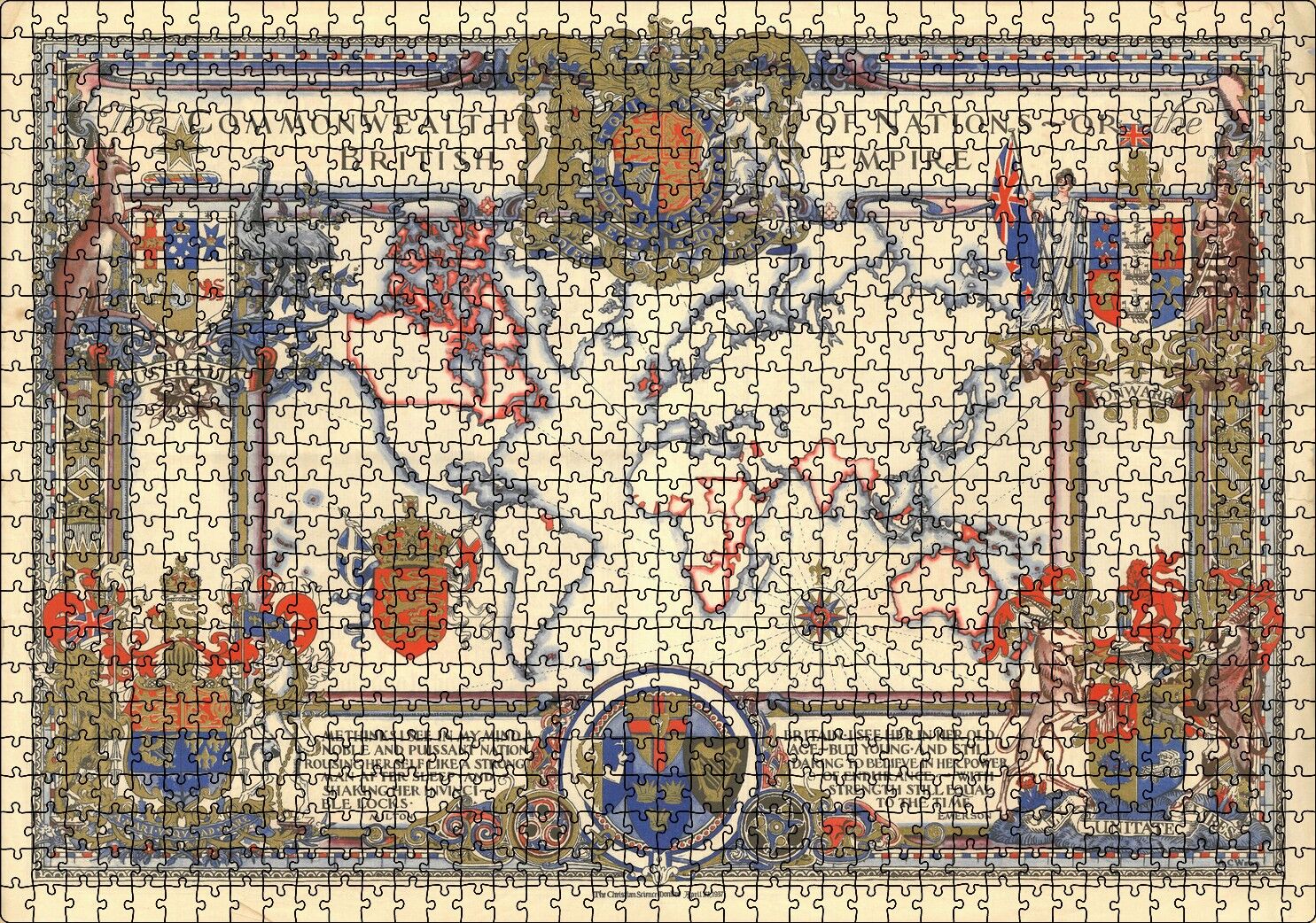 İngiliz Milletler Topluluğu ve Dünya Haritası 1937 Puzzle Yapboz MDF Ahşap 1000 Parça 49 cm X 68 cm