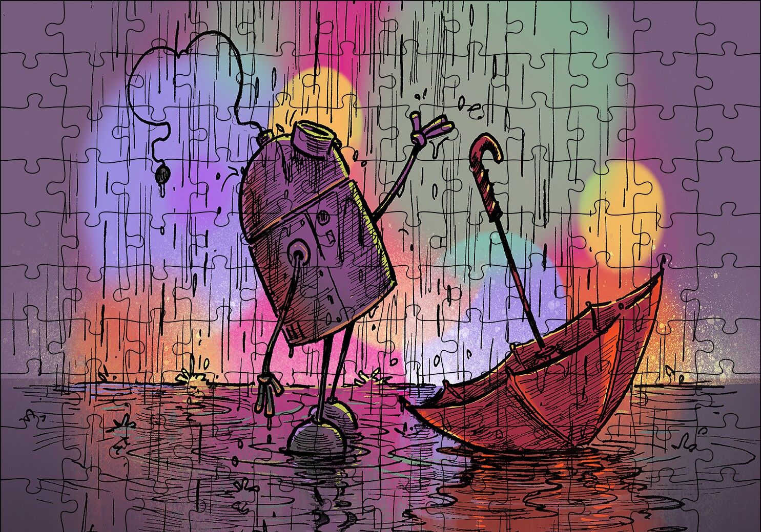 Robot Yağmur ve Şemsiye Puzzle Yapboz MDF Ahşap 120 Parça 24 cm X 34 cm