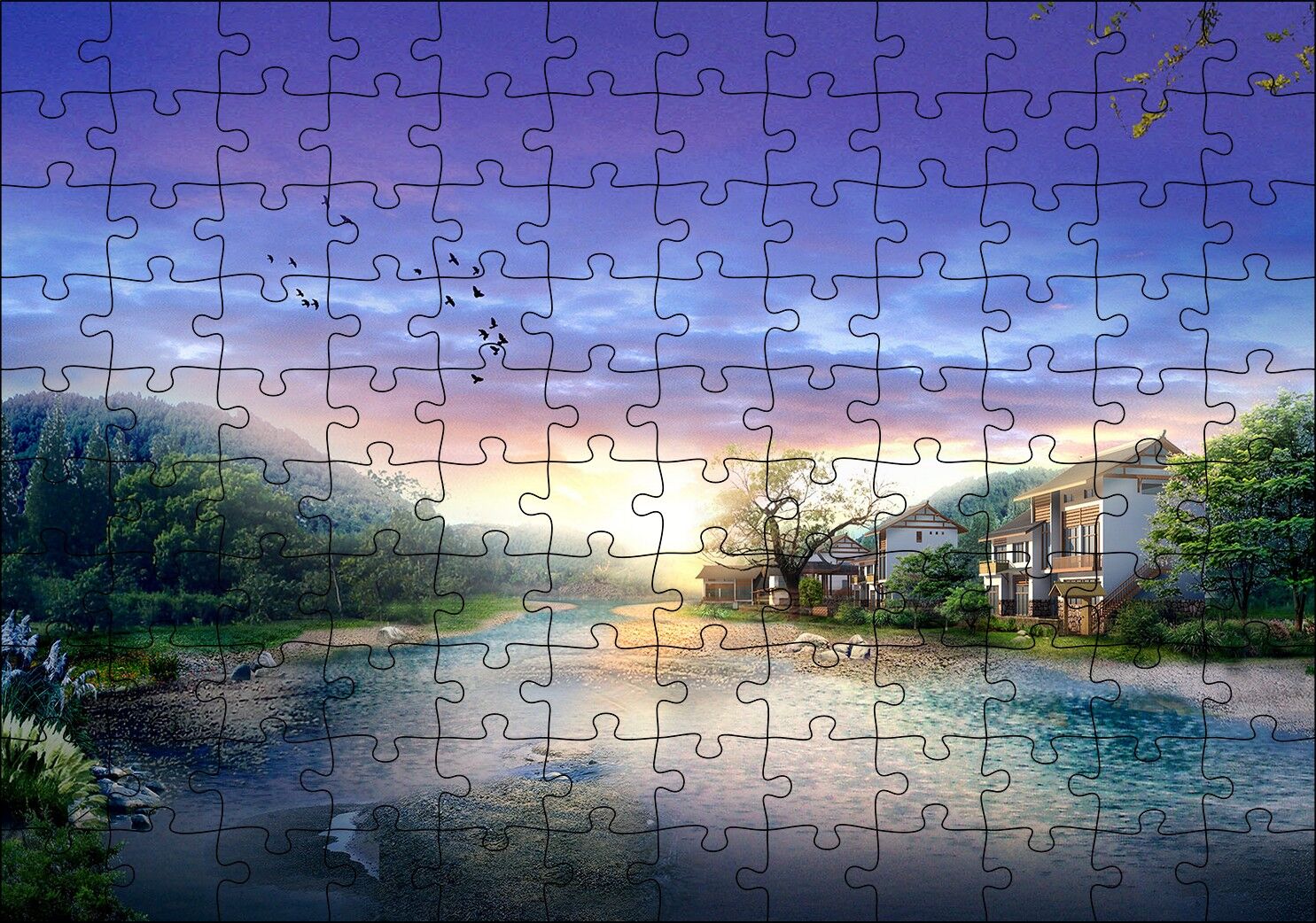 Manzara Resmi Nehir Ev Orman Puzzle Yapboz MDF Ahşap