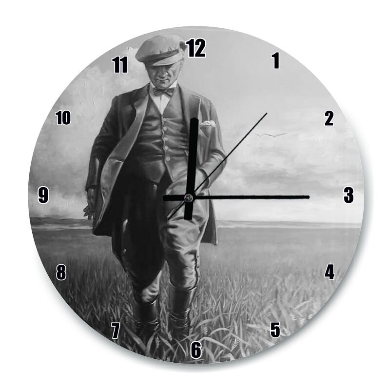 Siyah Beyaz Buğday Tarlasındaki Atatürk  Mdf Ahşap Duvar Saati 50 cm Çap