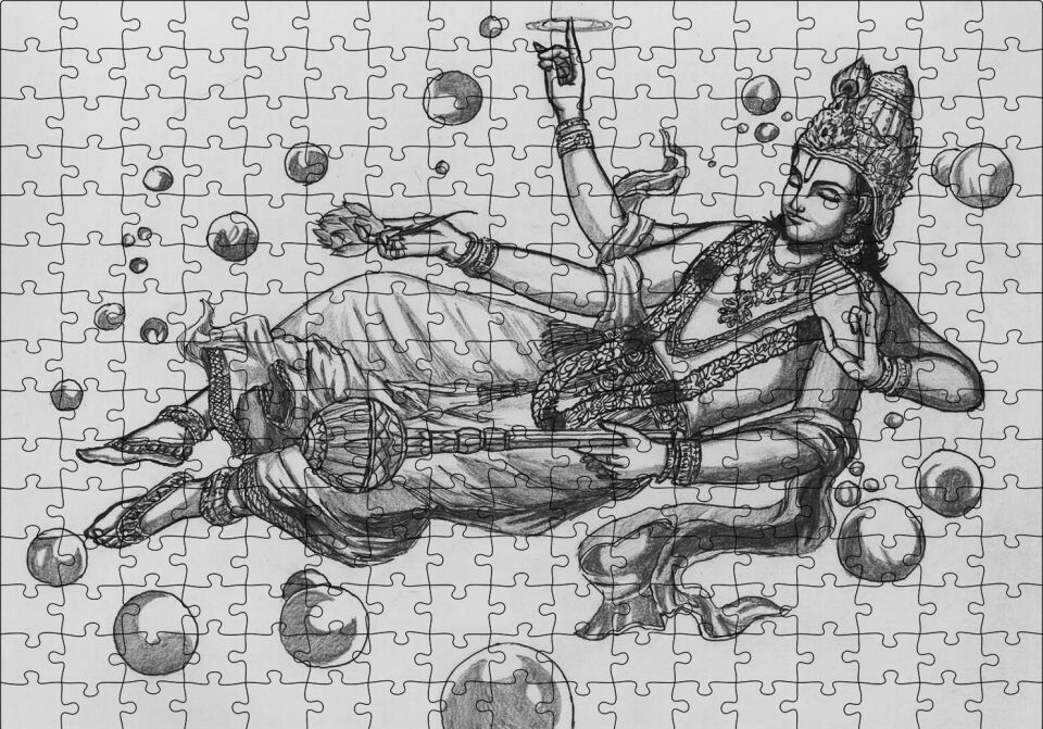 Hindu Tanrısı Vishnu Karakalem Puzzle Yapboz MDF Ahşap 255 Parça 34 cm X 49 cm