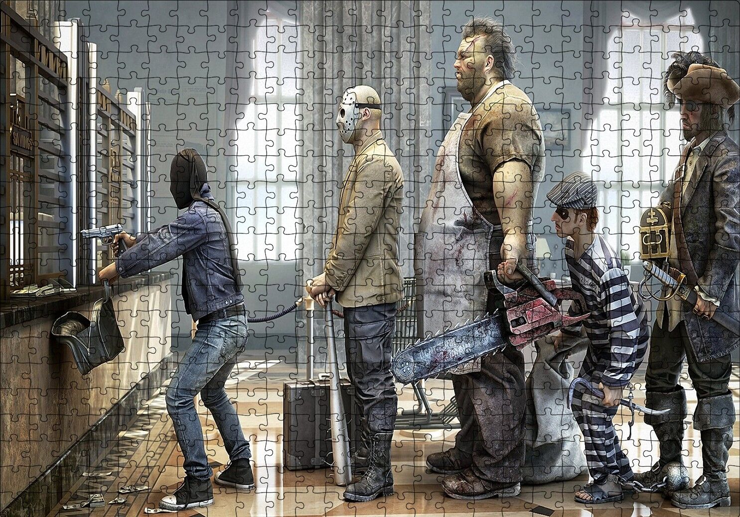 Banka Soygunu Sırası İllüstrasyon Puzzle Yapboz MDF Ahşap 500 Parça 49 cm X 68 cm