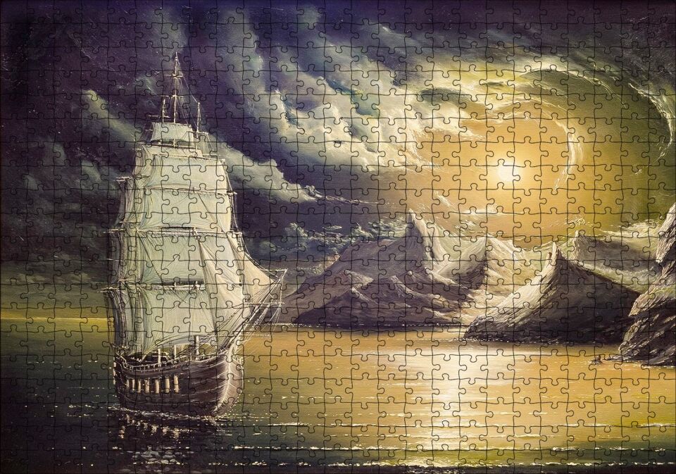 Yelkenli Bulutlar Kayalıklar ve Ay Işığı Puzzle Yapboz MDF Ahşap 500 Parça 49 cm X 68 cm