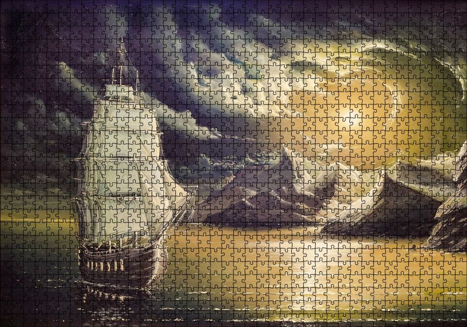 Yelkenli Bulutlar Kayalıklar ve Ay Işığı Puzzle Yapboz MDF Ahşap 1000 Parça 49 cm X 68 cm