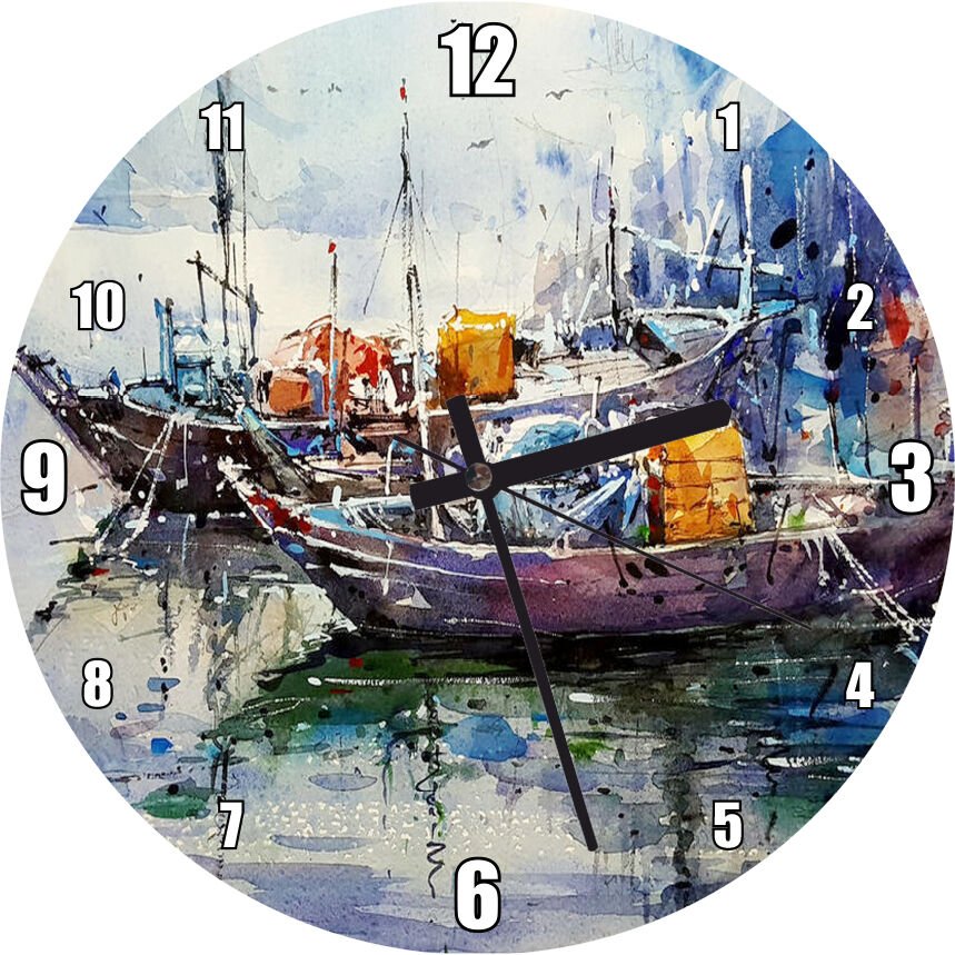 Rıhtımda Demirli Kayıklar Yağlıboya  Mdf Ahşap Duvar Saati 50 cm Çap