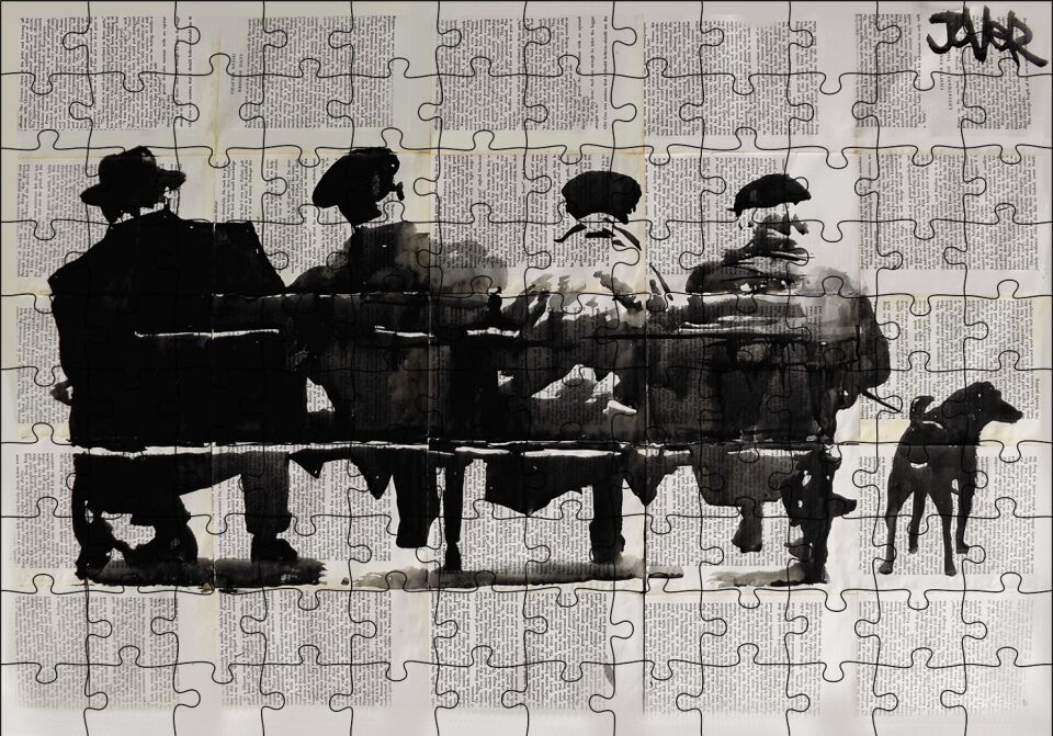 Gazete Küpürü Üstünde Bankta 4 Adam ve Köpek Puzzle Yapboz MDF Ahşap 120 Parça 24 cm X 34 cm
