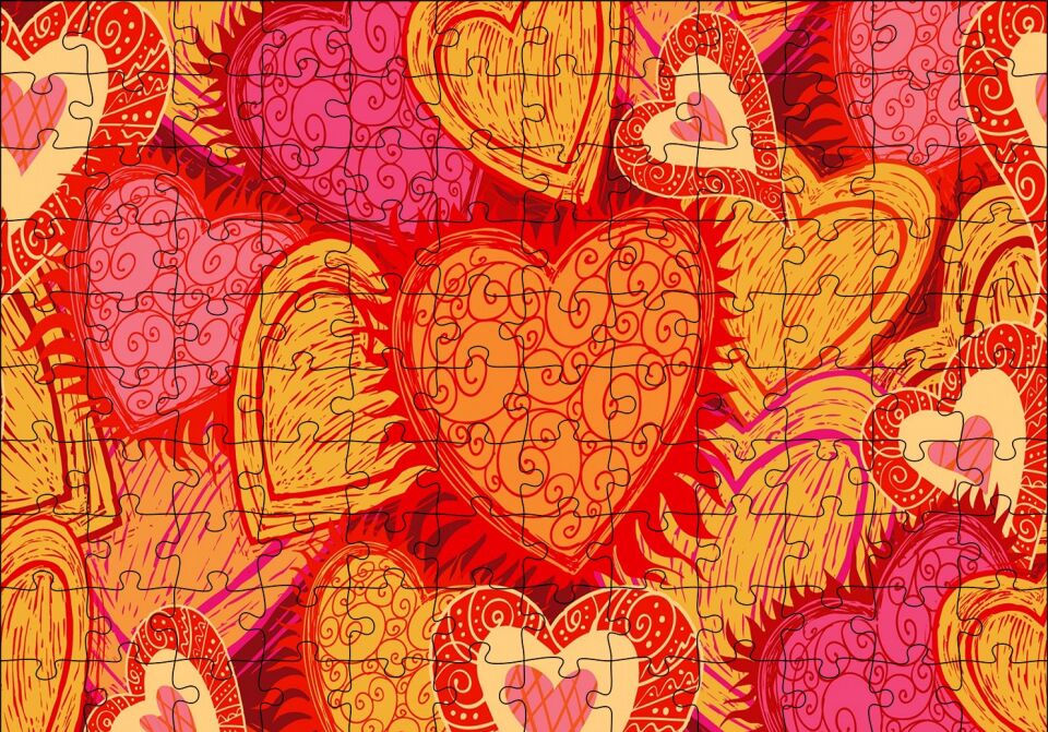 Sarı Kırmızı Kalpler Çizim Puzzle Yapboz MDF Ahşap 120 Parça 24 cm X 34 cm