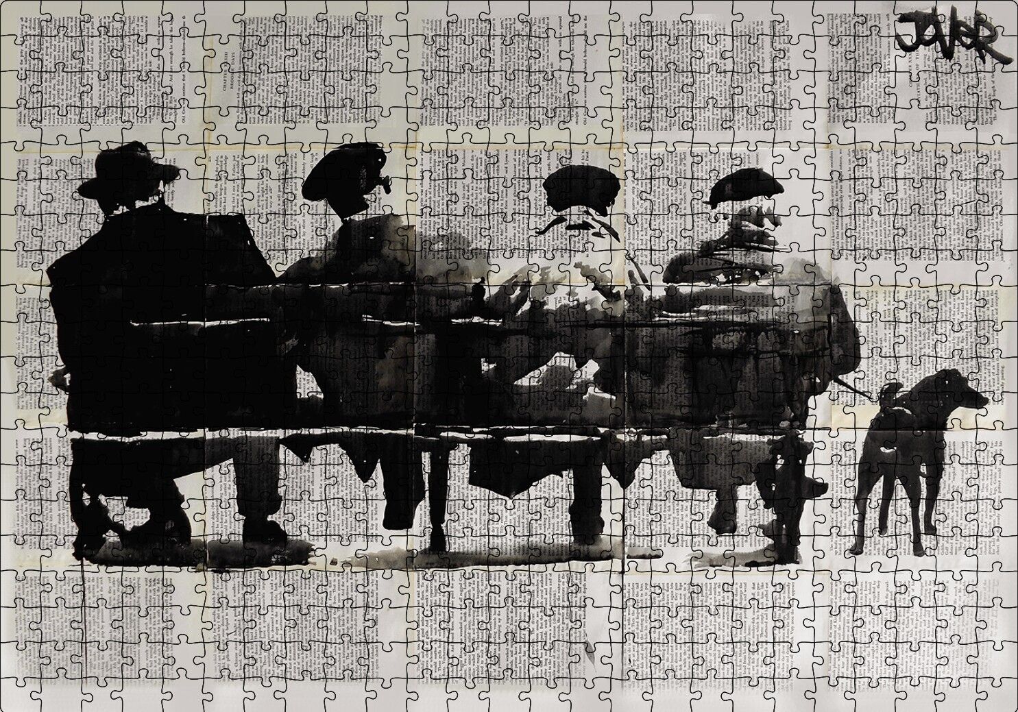 Gazete Küpürü Üstünde Bankta 4 Adam ve Köpek Puzzle Yapboz MDF Ahşap 500 Parça 49 cm X 68 cm