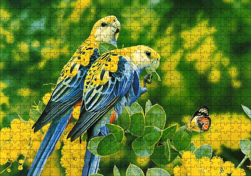 Papağanlar Sarı Mavi Ve Sarı Çiçekler İle Kelebek Puzzle Yapboz MDF Ahşap 500 Parça 49 cm X 68 cm