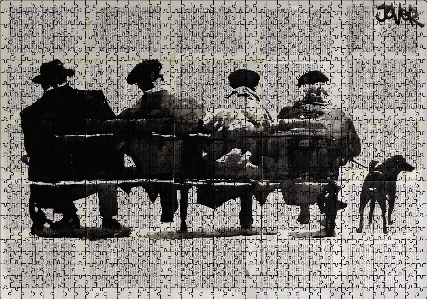 Gazete Küpürü Üstünde Bankta 4 Adam ve Köpek Puzzle Yapboz MDF Ahşap 1000 Parça 49 cm X 68 cm