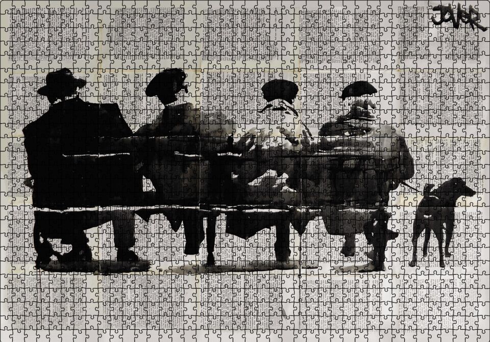 Gazete Küpürü Üstünde Bankta 4 Adam ve Köpek Puzzle Yapboz MDF Ahşap 1000 Parça 49 cm X 68 cm