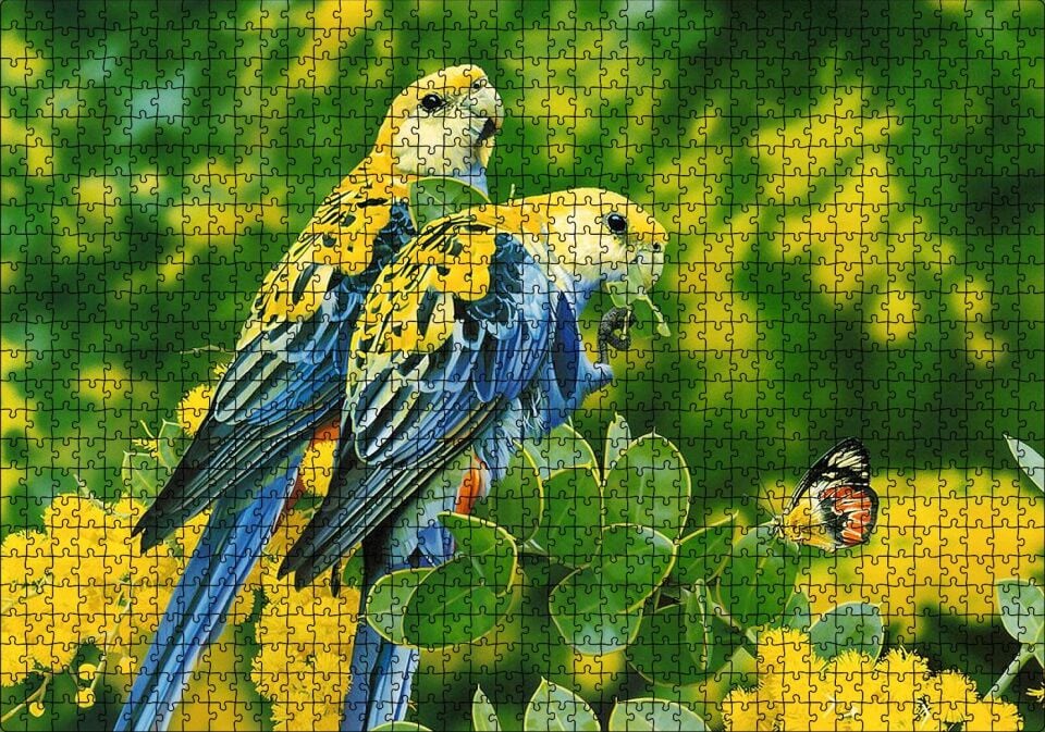 Papağanlar Sarı Mavi Ve Sarı Çiçekler İle Kelebek Puzzle Yapboz MDF Ahşap 1000 Parça 49 cm X 68 cm