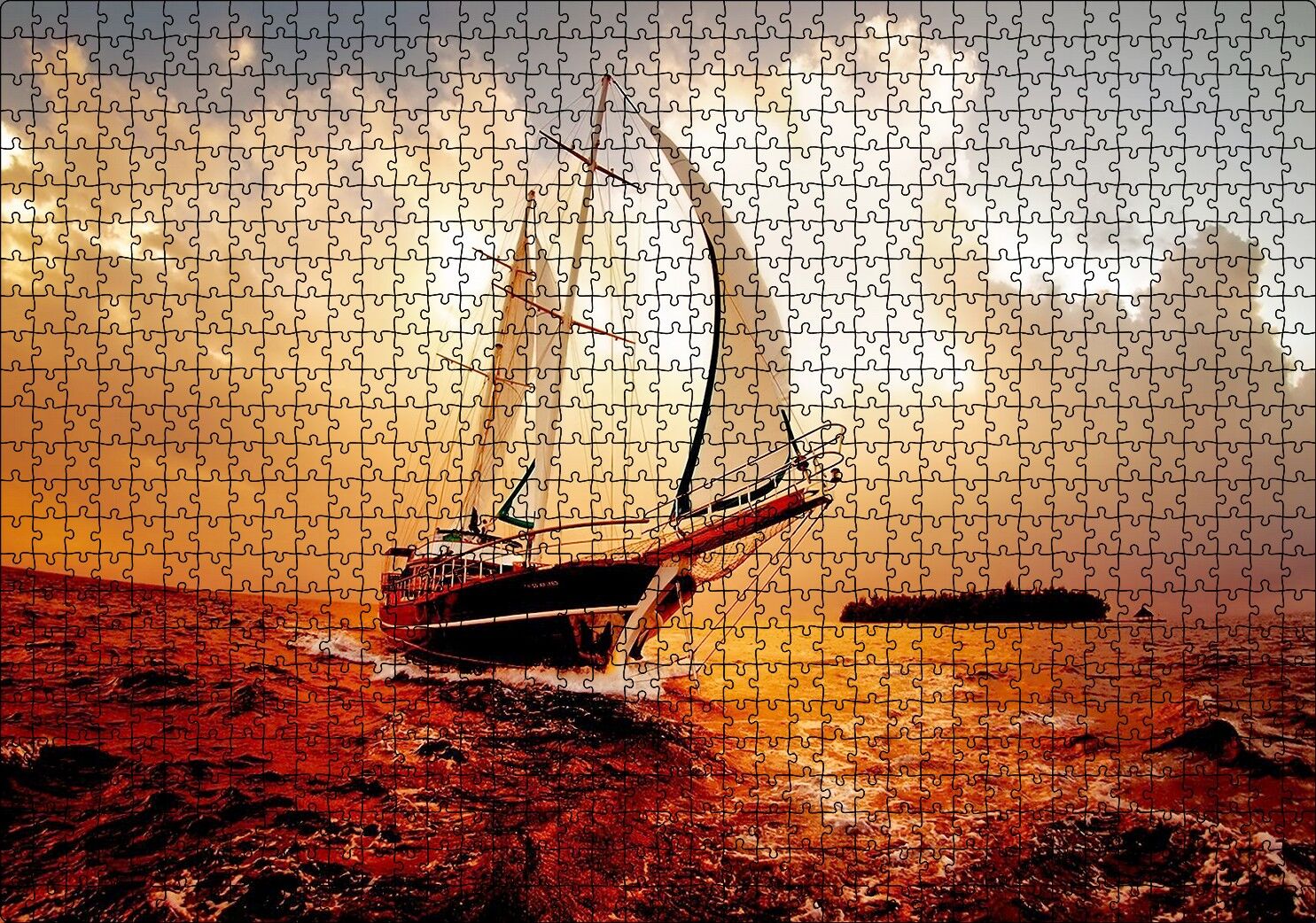 Yelkenli Gemi Dalgalı Deniz Bulutlu Gök Görseli Puzzle Yapboz MDF Ahşap 1000 Parça 49 cm X 68 cm