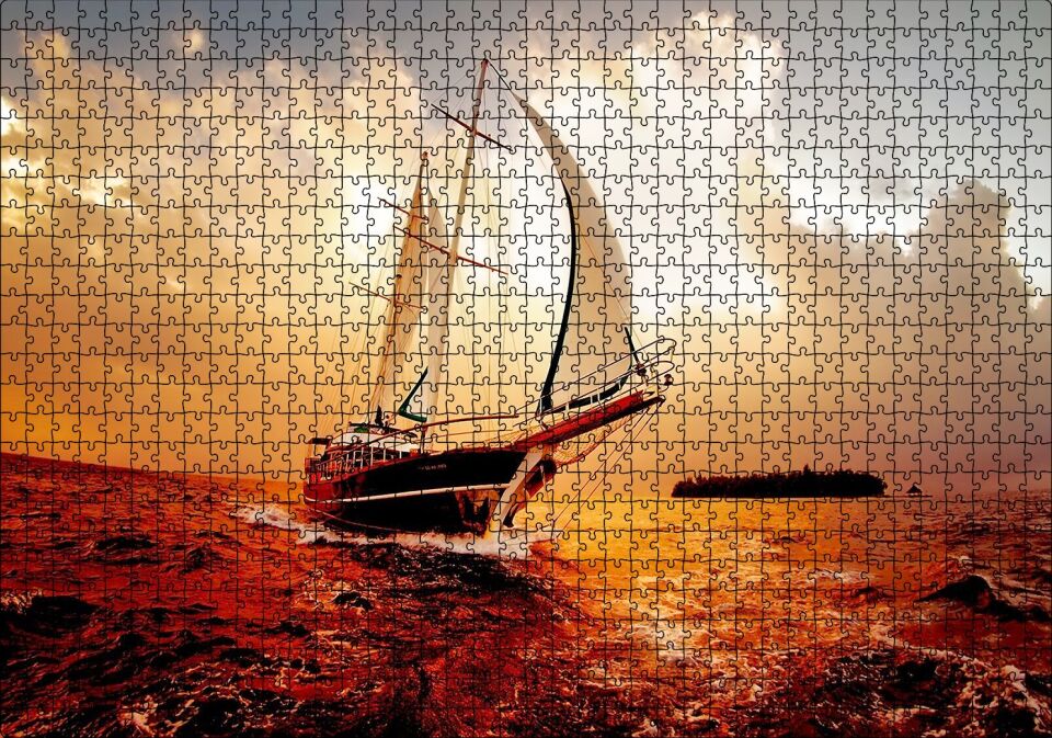 Yelkenli Gemi Dalgalı Deniz Bulutlu Gök Görseli Puzzle Yapboz MDF Ahşap 1000 Parça 49 cm X 68 cm