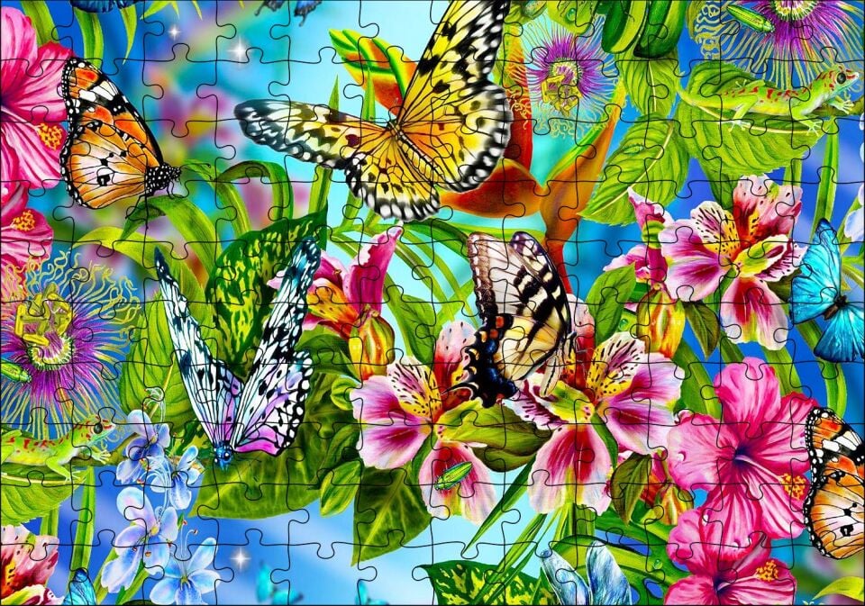Rengarenk Çiçekler Üzerinde Rengarenk Kelebekler Puzzle Yapboz MDF Ahşap