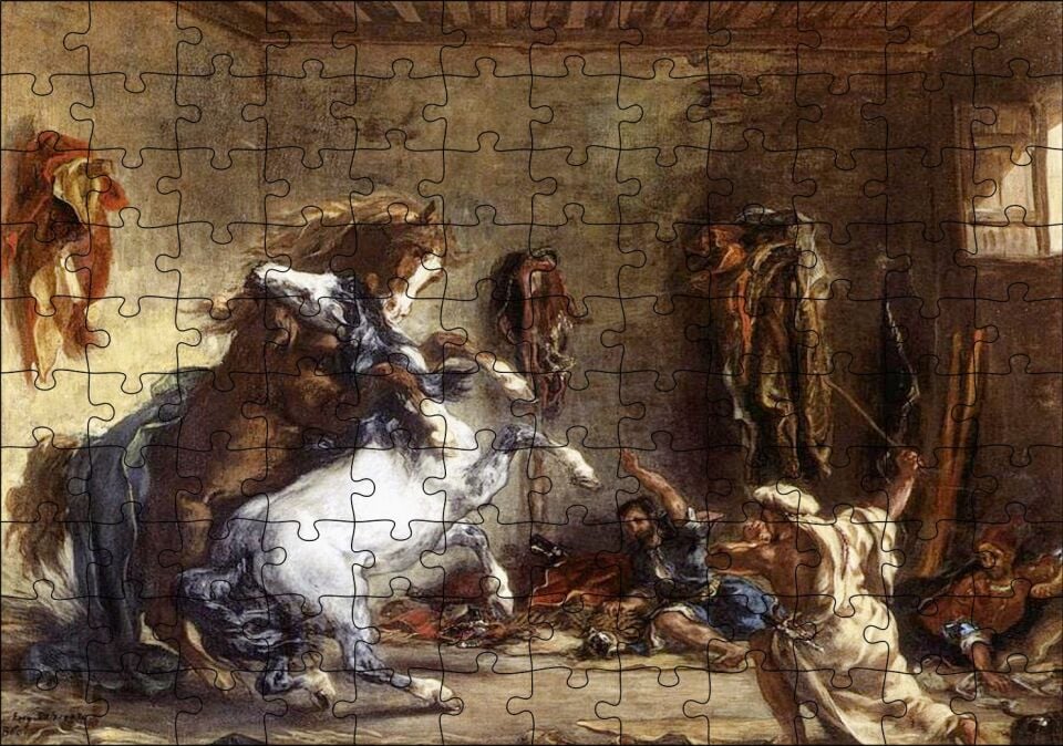 Ahırda Dövüşen Arap Atları Eugène Delacroix Sanat Görseli Puzzle Yapboz MDF Ahşap 120 Parça 24 cm X 34 cm