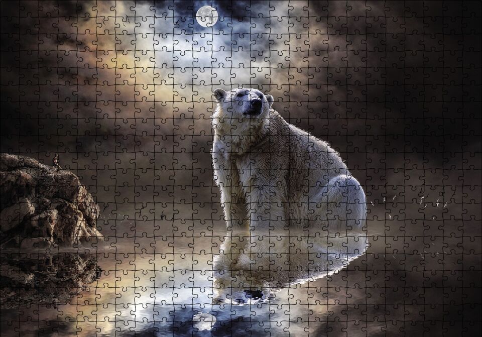 Kutup Ayısı Doğa Gece Puzzle Yapboz MDF Ahşap 500 Parça 49 cm X 68 cm