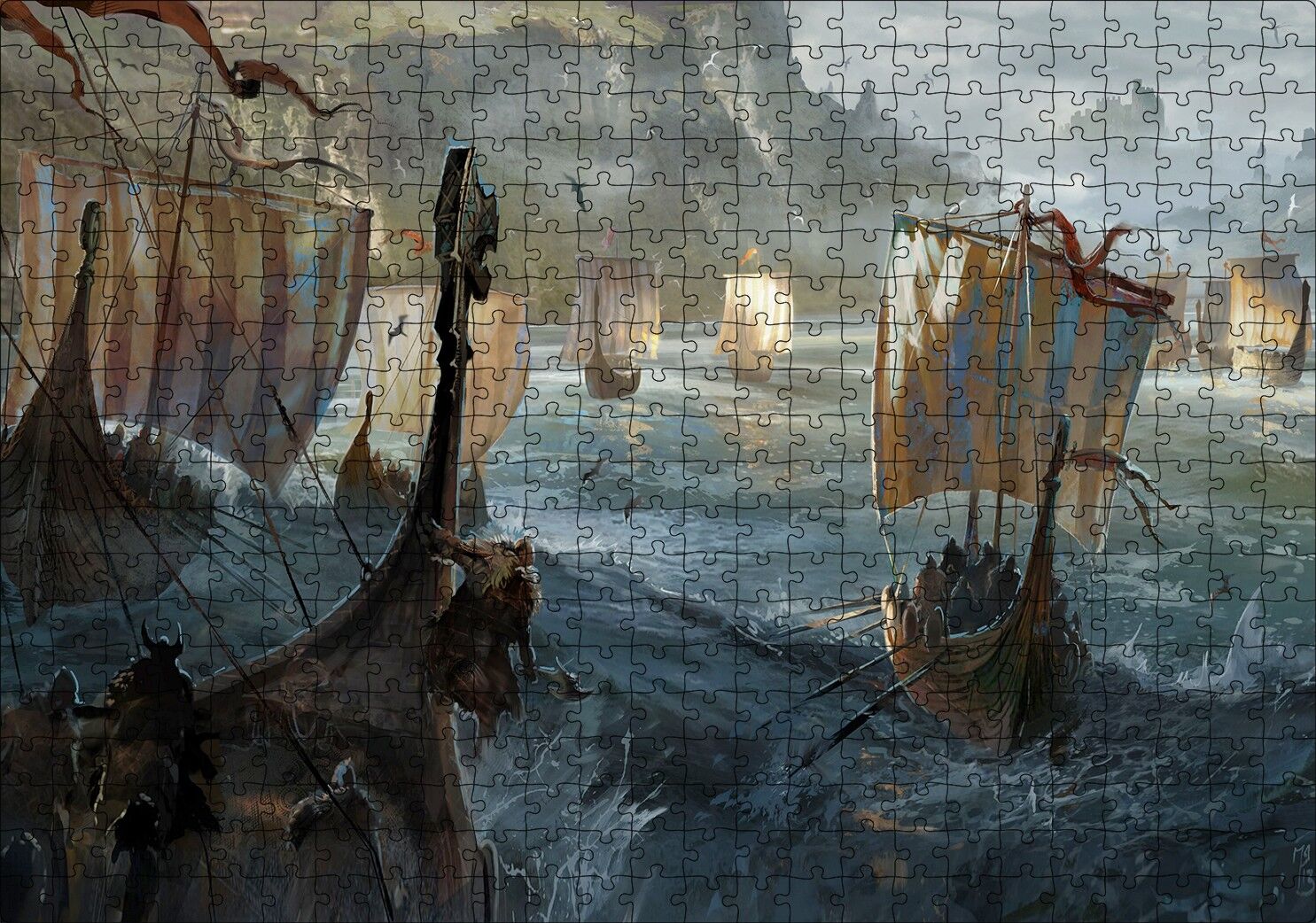 Dalgalı Denizde Viking Gemileri Puzzle Yapboz MDF Ahşap 500 Parça 49 cm X 68 cm
