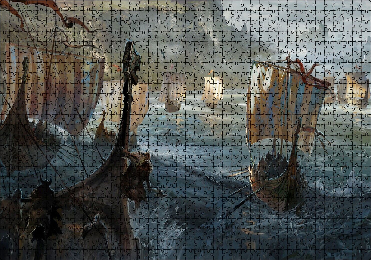 Dalgalı Denizde Viking Gemileri Puzzle Yapboz MDF Ahşap 1000 Parça 49 cm X 68 cm