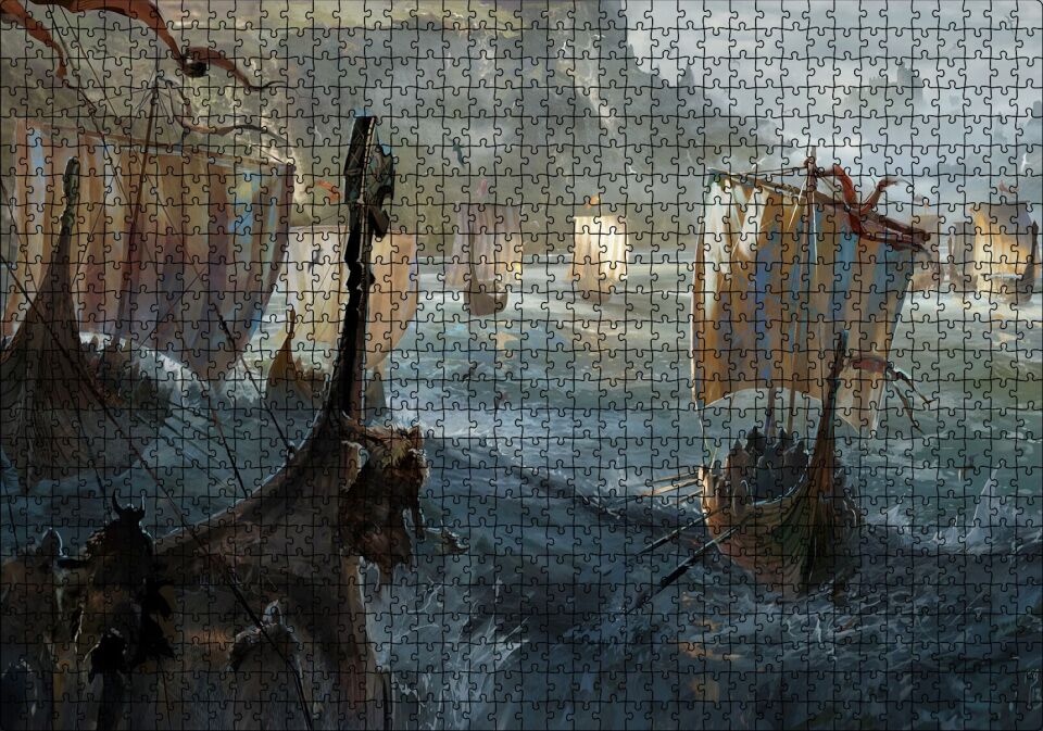 Dalgalı Denizde Viking Gemileri Puzzle Yapboz MDF Ahşap 1000 Parça 49 cm X 68 cm
